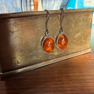 Vtg AR Italian Sterling Silver & Cognac Baltic Amber Oval Cabochon Drop Earrings